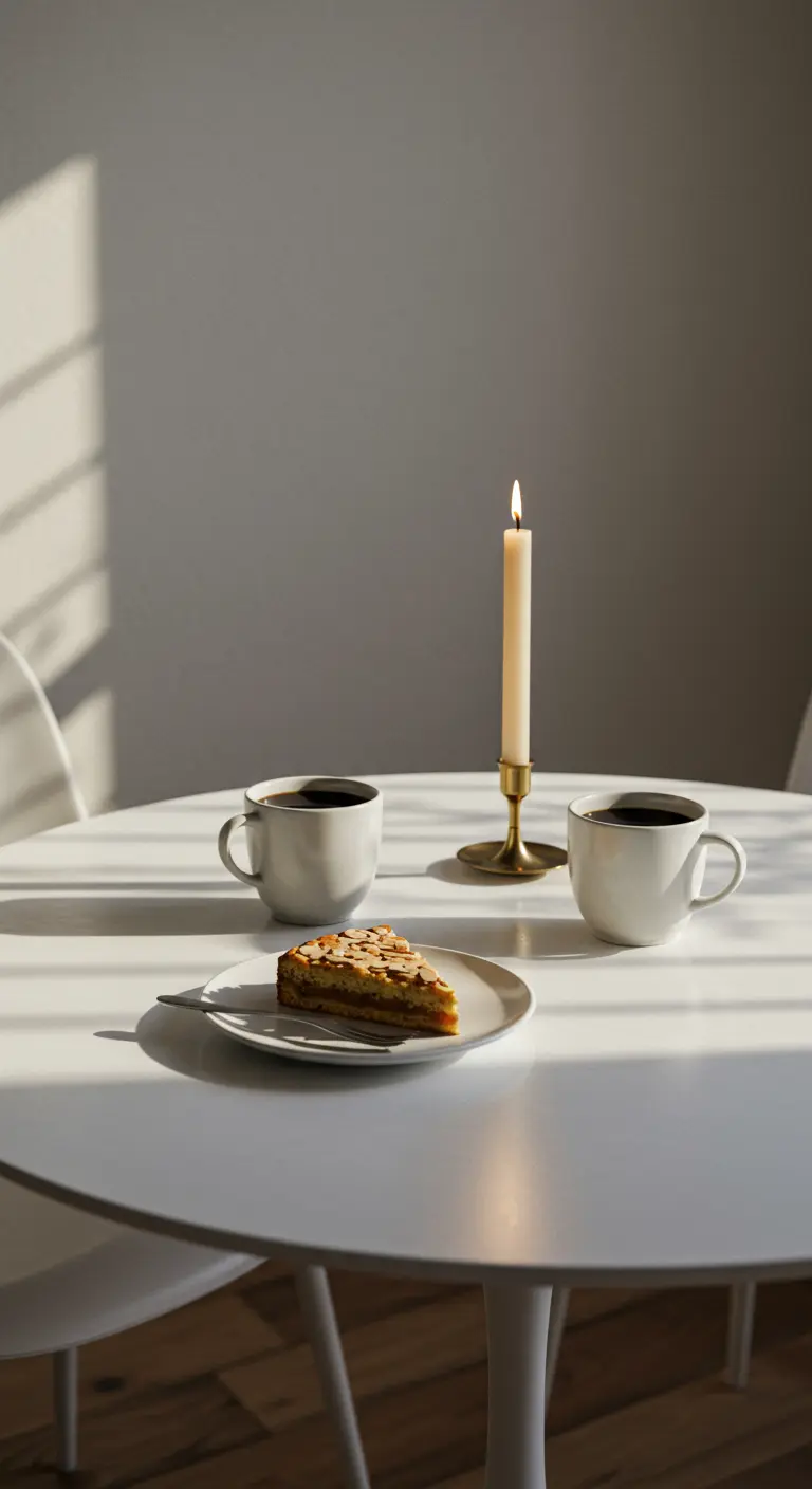 Witte tafel met twee koppen koffie, een stuk taart en één brandende kaars.