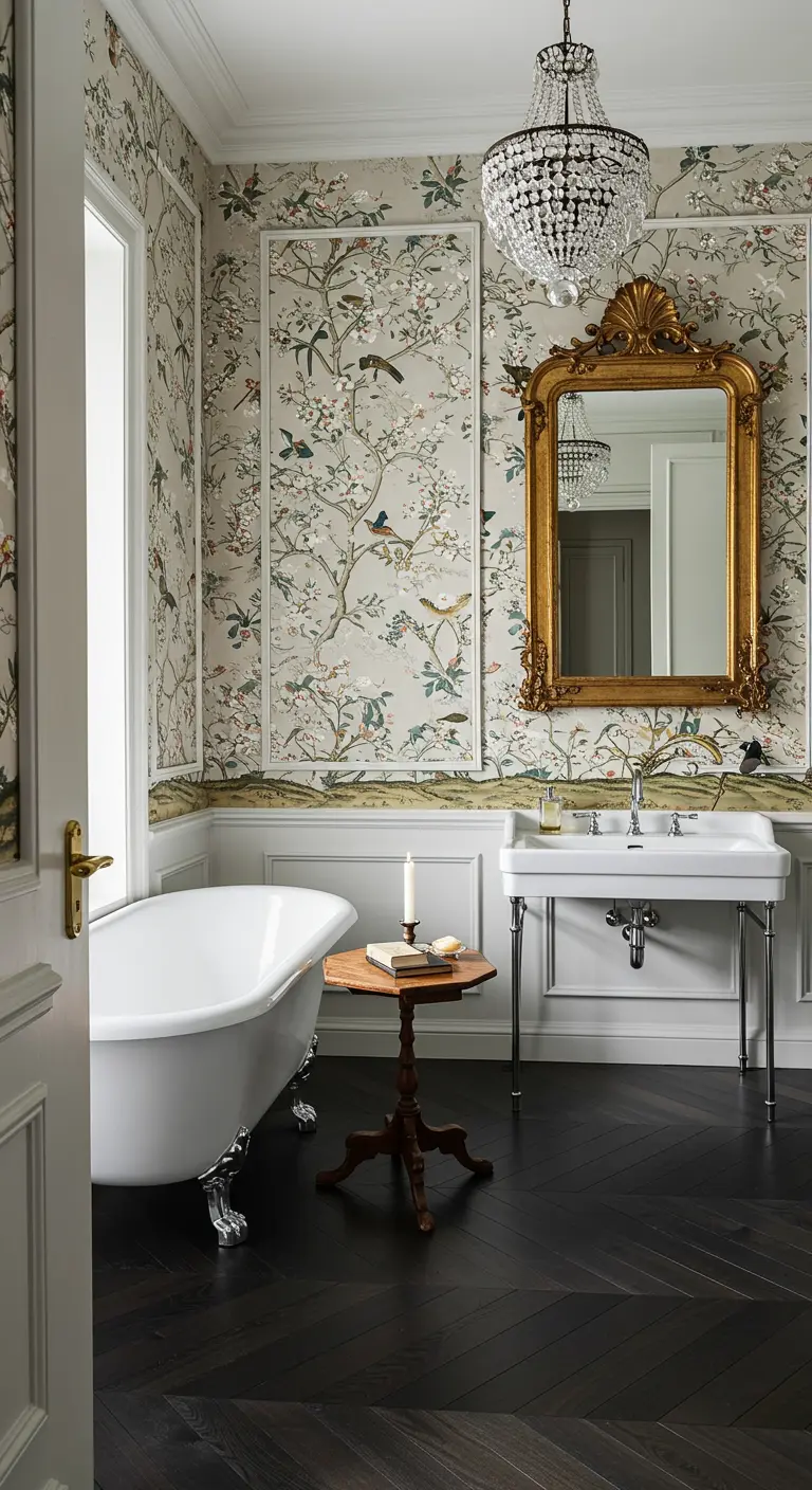 Elegante badkamer met behangpanelen in chinoiserie-stijl, een gouden spiegel en een kristallen kroonluchter.