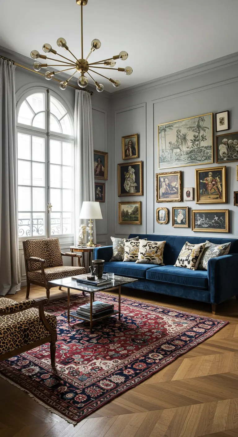Elegante woonkamer met blauwe bank, Perzisch tapijt en stoelen met luipaardprint.