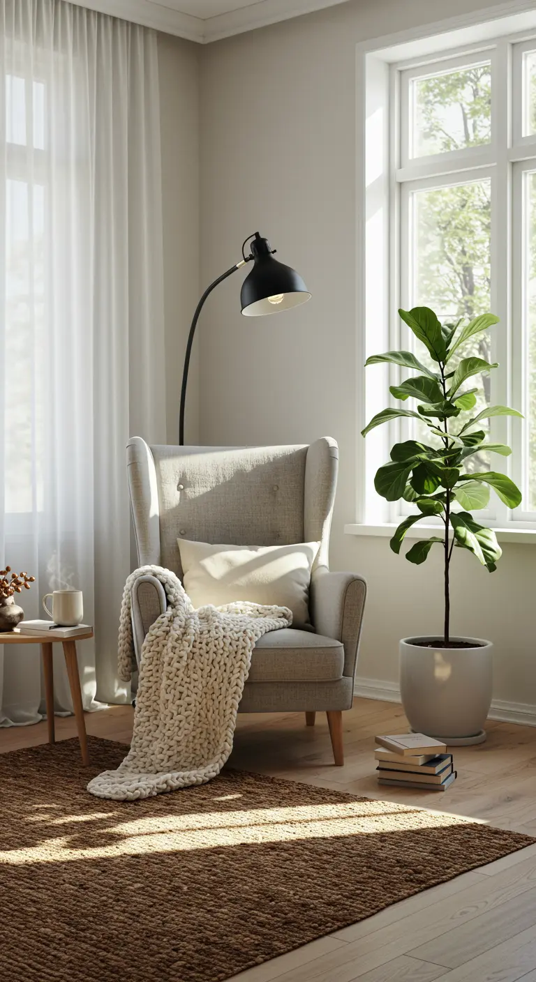 Lichte leeshoek met een grijze fauteuil, gebreid plaid, vloerlamp en een grote vioolbladplant.
