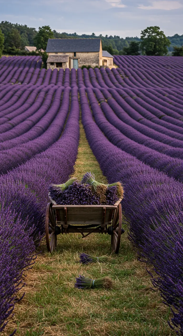 Houten kar vol met geoogste lavendel in een glooiend lavendelveld.