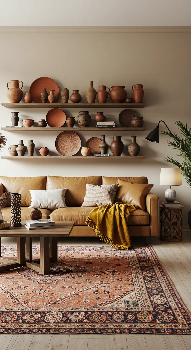 Woonkamer met een leren bank en planken aan de muur vol met terracotta aardewerk.
