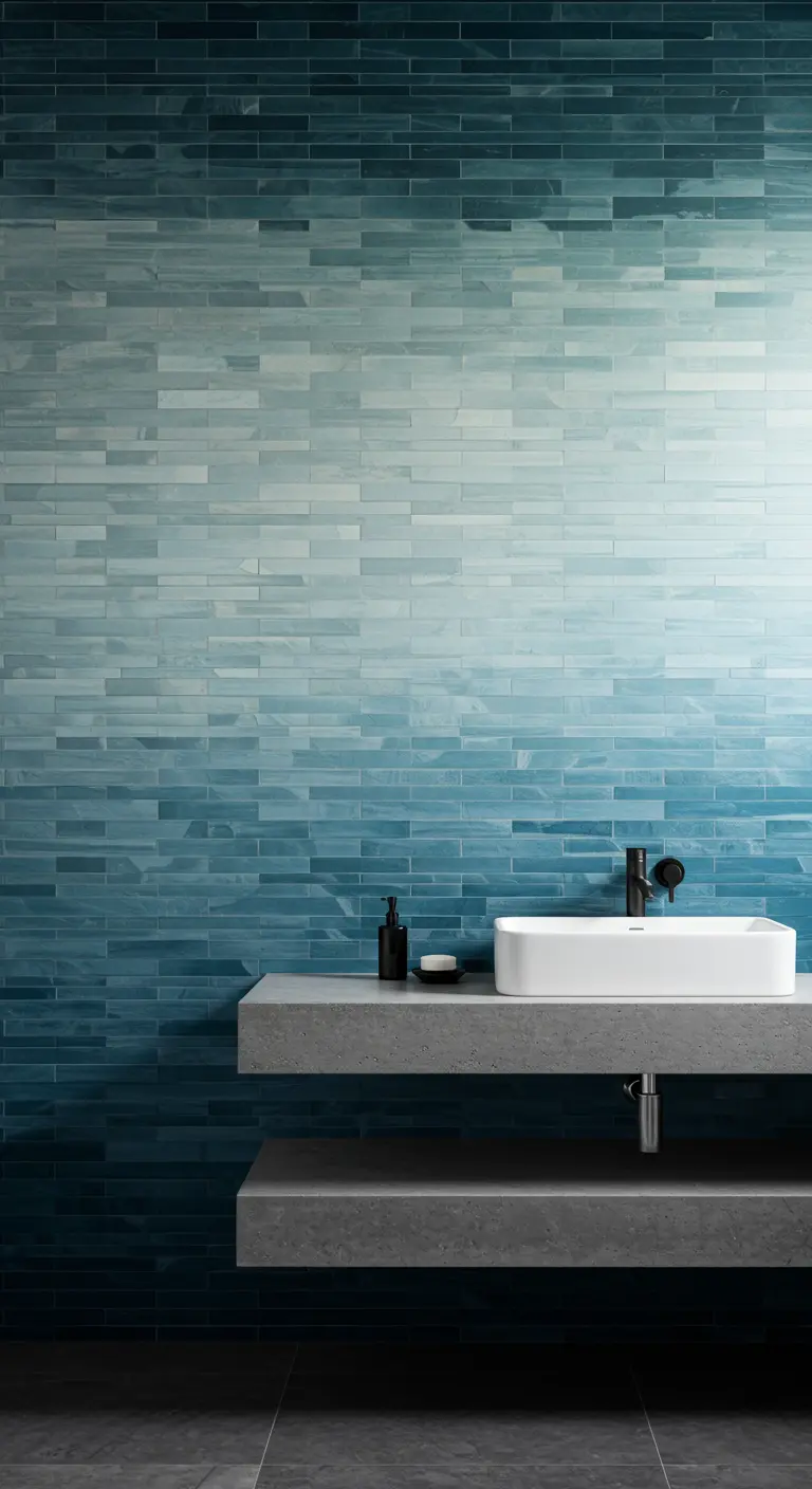 Accentmuur met blauwe zelliges in een kleurverloop van donker naar lichtblauw.