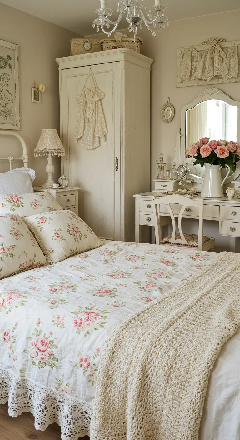 Shabby chic slaapkamer met crèmekleurige meubels, rozenprint beddengoed en een gehaakte sprei.