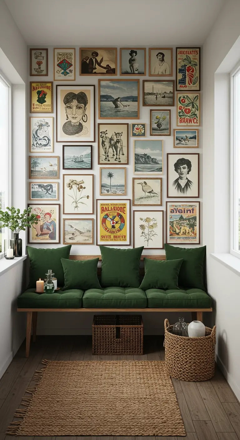 Smal balkon met een volle gallery wall van vintage prints boven een groene bank.