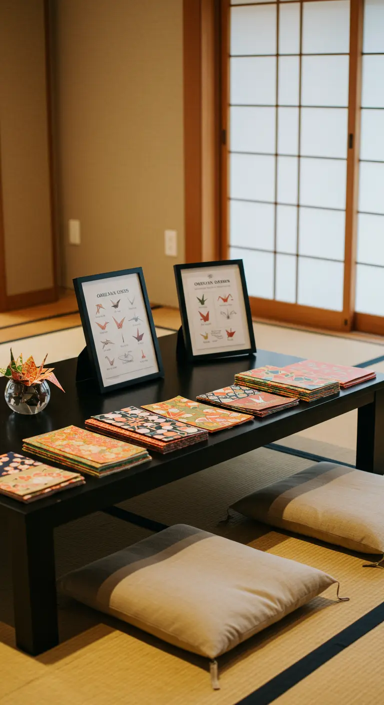 Japans-geïnspireerde kinderhoek met een lage tafel voor een origami-activiteit.