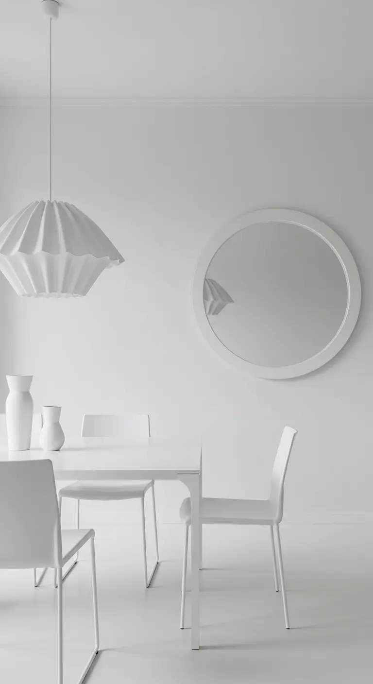 Volledig witte, minimalistische eethoek met een geplooide lampenkap en een ovale witte spiegel.