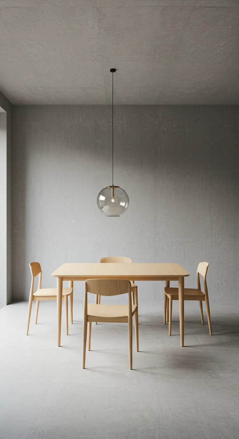 Minimalistische eetkamer met betonnen muren en lichte houten meubels.