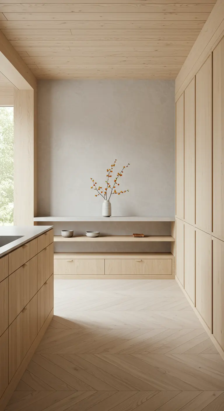 Minimalistische houten keuken met lichte visgraatvloer en een enkele nisplank.