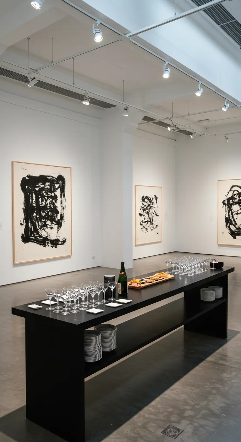 Zwarte buffettafel met glazen en hapjes in een moderne kunstgalerie.