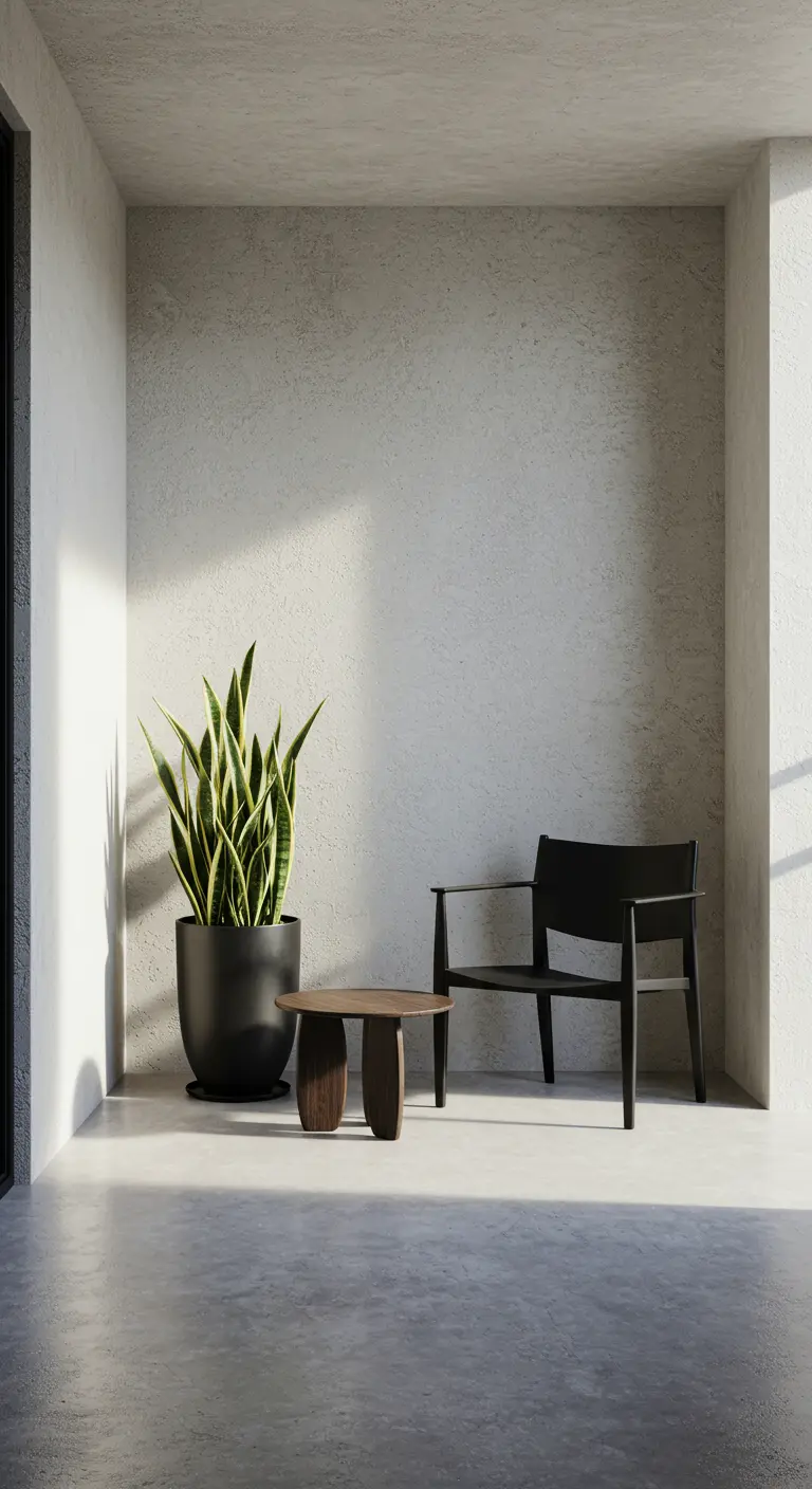 Minimalistische balkonhoek met zwarte stoel, sansevieriaplant en houten tafeltje.