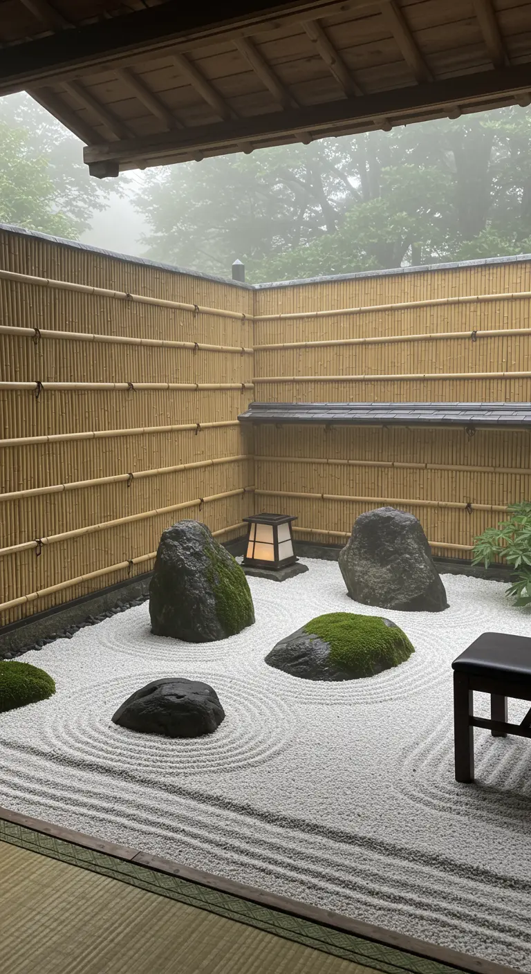 Japanse zentuin met geharkt zand, mosstenen, bamboeschutting en een lantaarn.