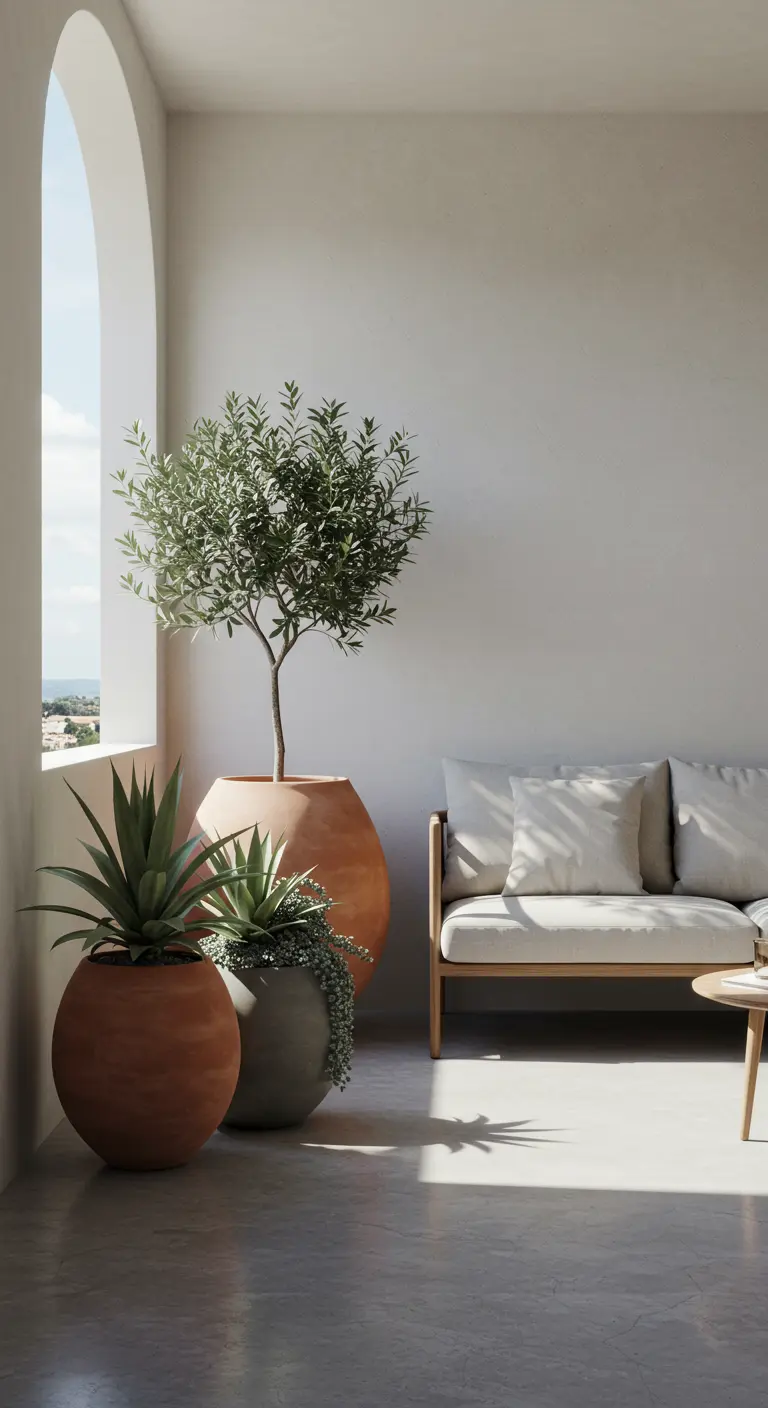 Minimalistisch balkon met een olijfboom en agave in grote, ronde potten naast een lichte bank.