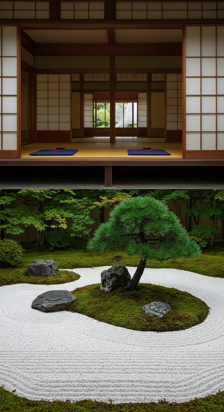 Traditionele Japanse tuin met geharkt zand, mos en een doorkijk naar een interieur.