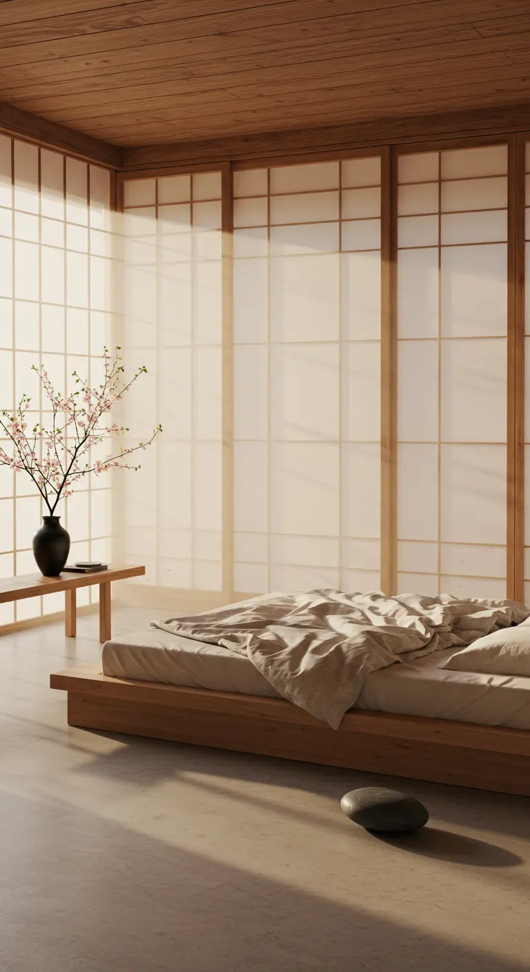 Minimalistische slaapkamer met laag houten bed, shoji-wanden en een enkele bloesemtak in een vaas.