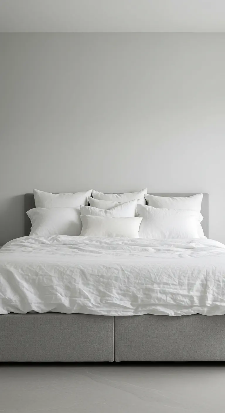Minimalistische slaapkamer met een grijs bedframe en een overdaad aan wit linnen beddengoed.
