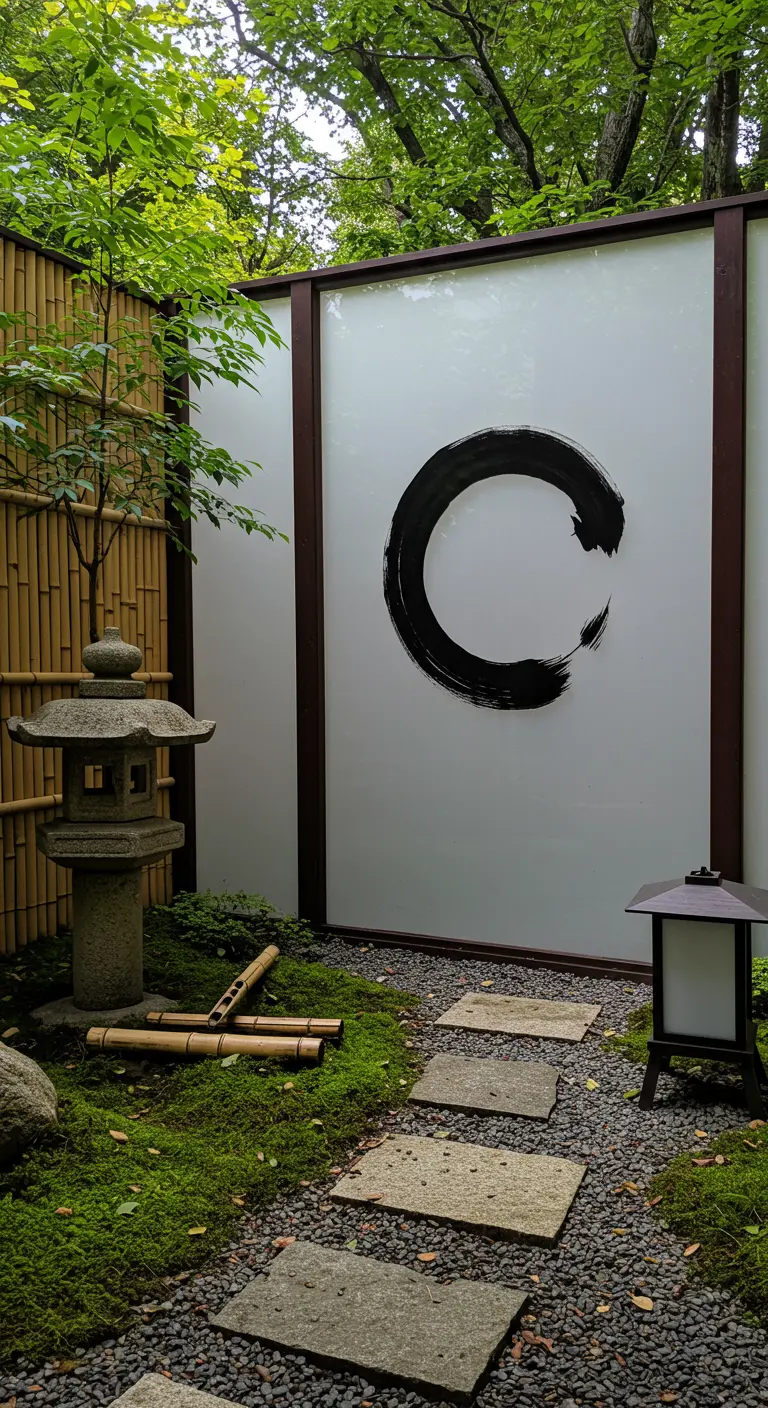 Een zwarte enso-cirkel geschilderd op een wit paneel in een Japanse zentuin.