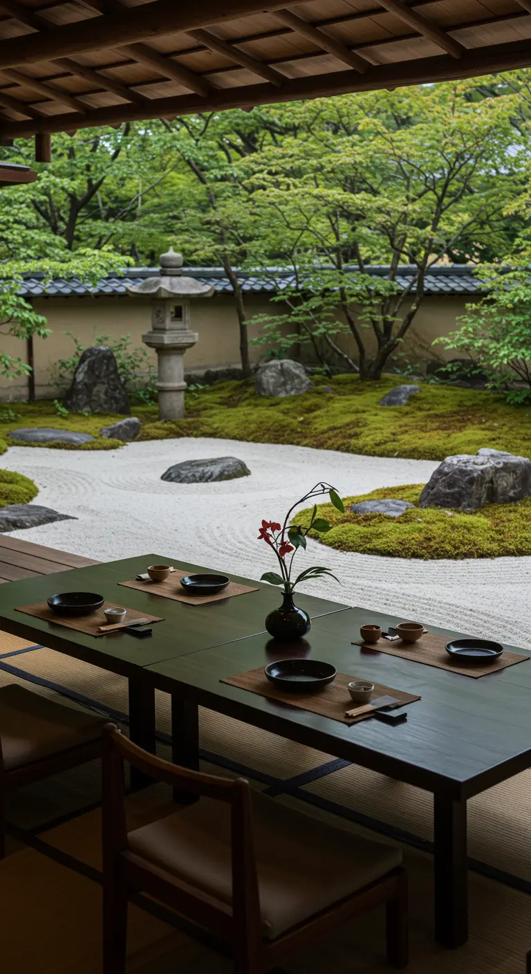 Minimalistisch gedekte tafel met uitzicht op een serene Japanse zentuin.