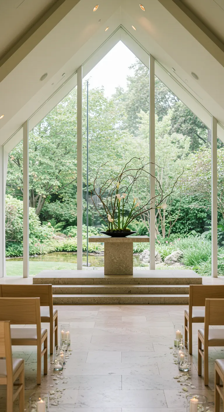 Minimalistische ceremonie in een moderne kapel met een sculpturaal bloemstuk en uitzicht op een tuin.