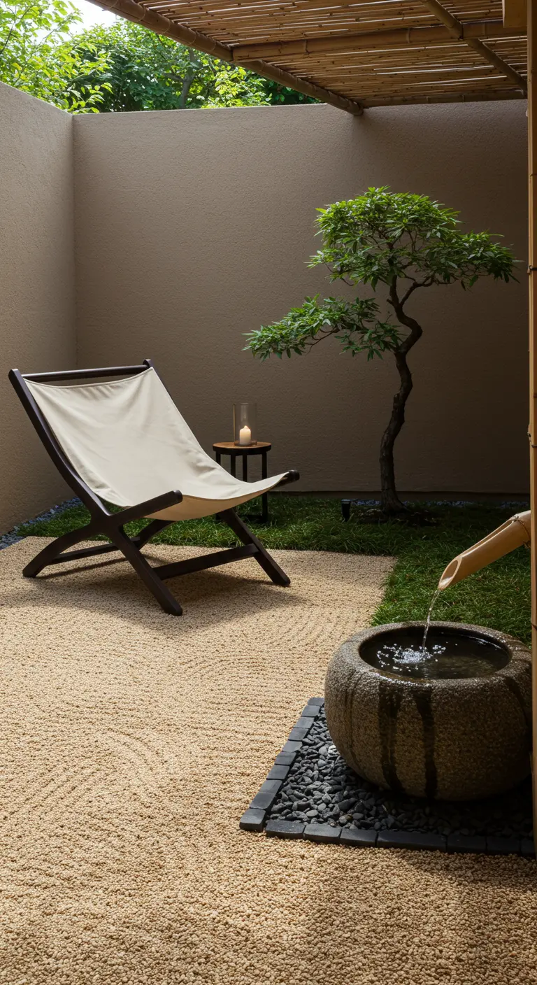 Minimalistische Japanse zentuin met een waterornament en een canvas loungestoel.