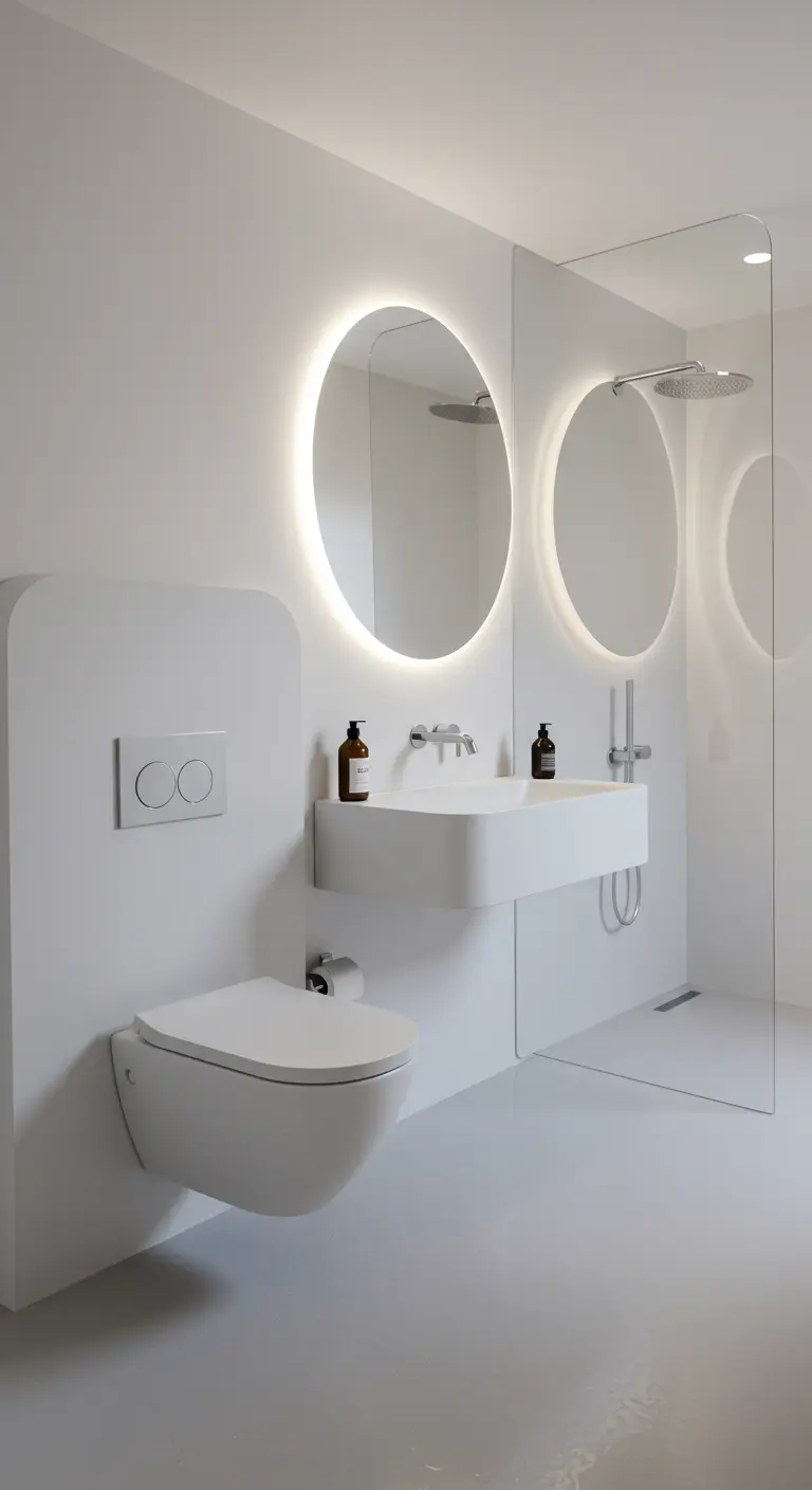 Volledig witte, minimalistische badkamer met een zwevend toilet en een ovale, verlichte spiegel.