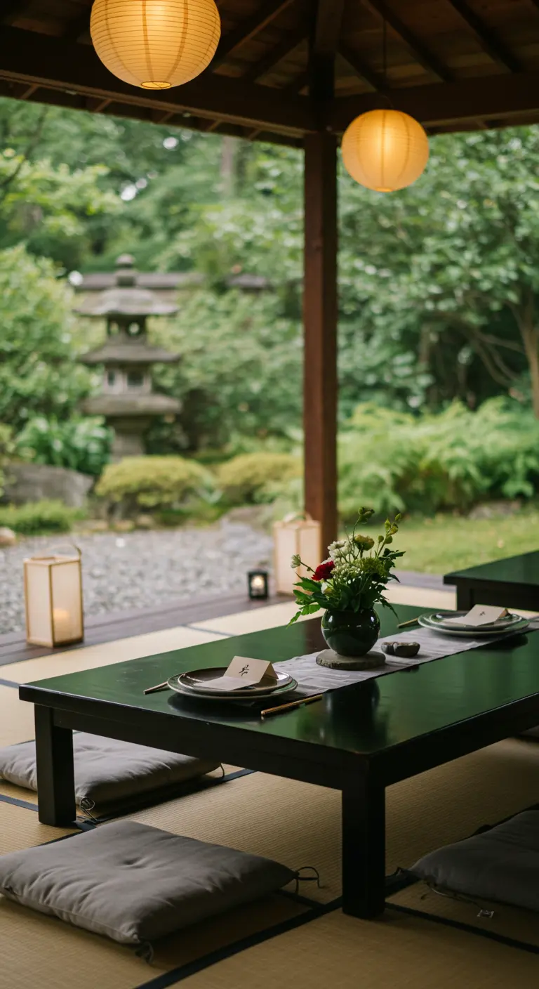 Lage Japanse tafel met kussens, met uitzicht op een zentuin en een klein bloemstuk.
