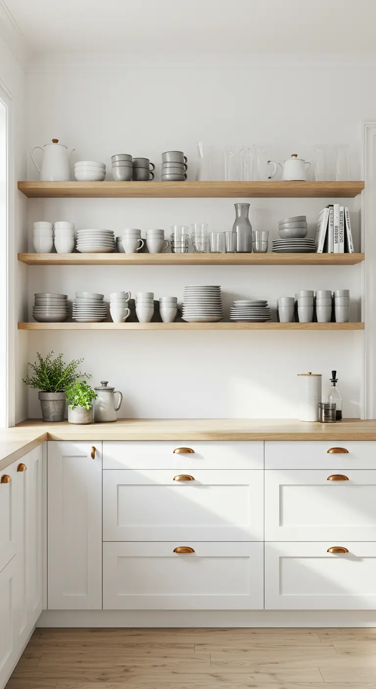 Lichte keuken met drie open houten planken, vol met wit en grijs servies.