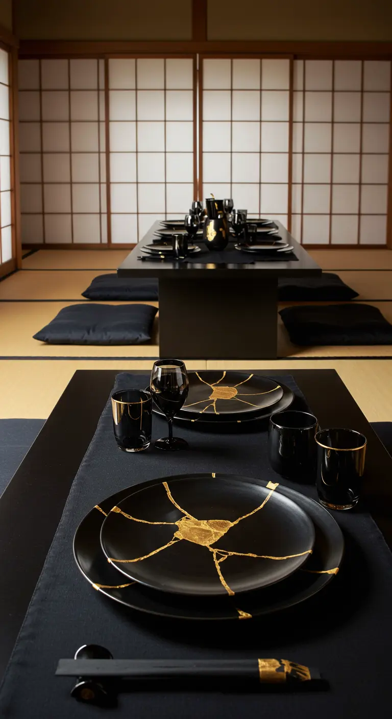 Japanse tafelsetting met zwart servies met gouden Kintsugi-patroon.
