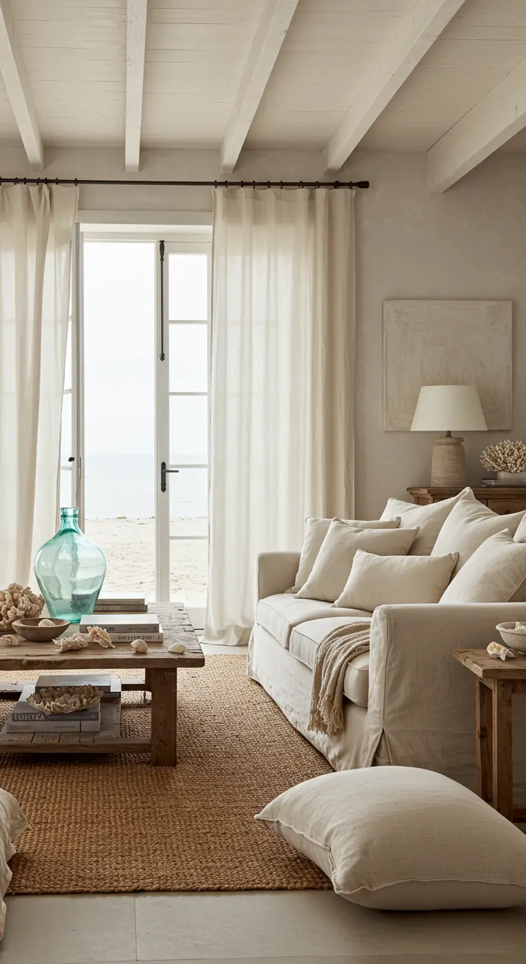 Lichte woonkamer met beige linnen gordijnen, een houten salontafel met schelpen en een jute kleed.