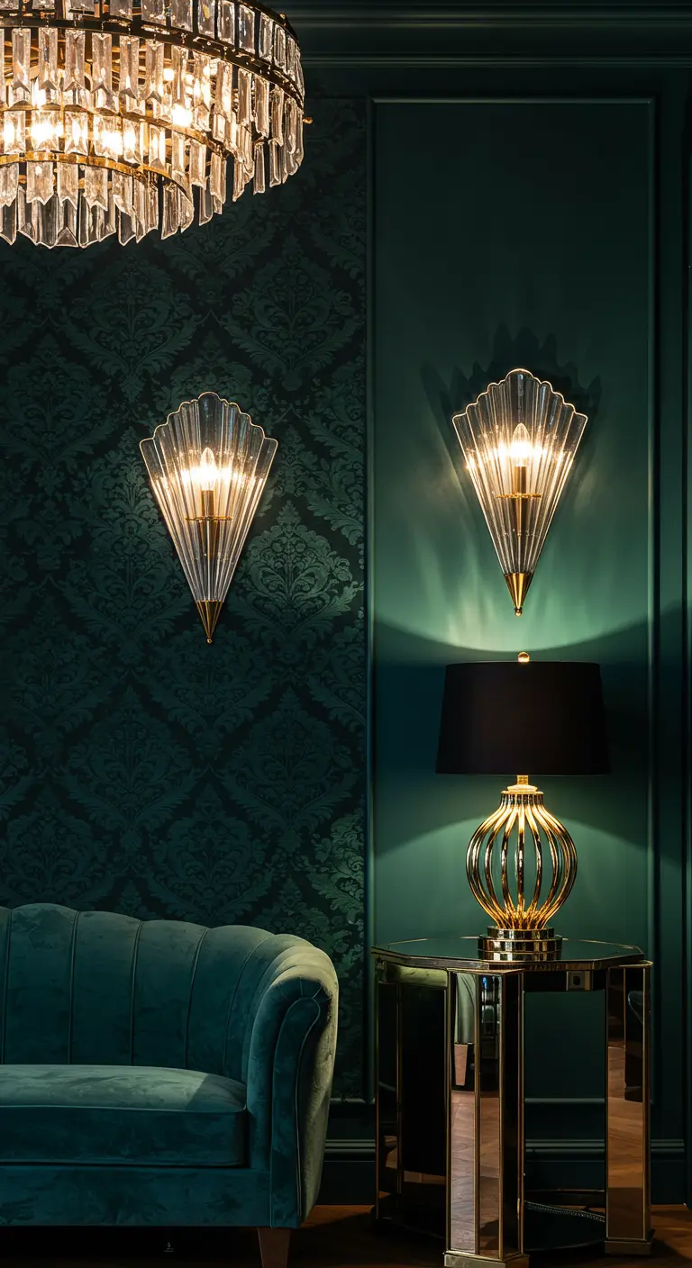 Art Deco-stijl woonkamer met kristallen kroonluchter en wandlampen op een donkergroene muur.
