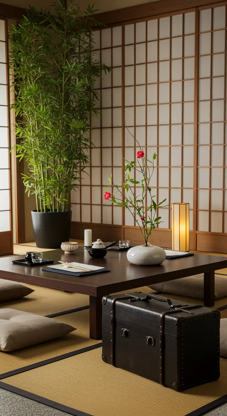 Japanse setting met lage tafel, tatami-matten en een donkere koffer.