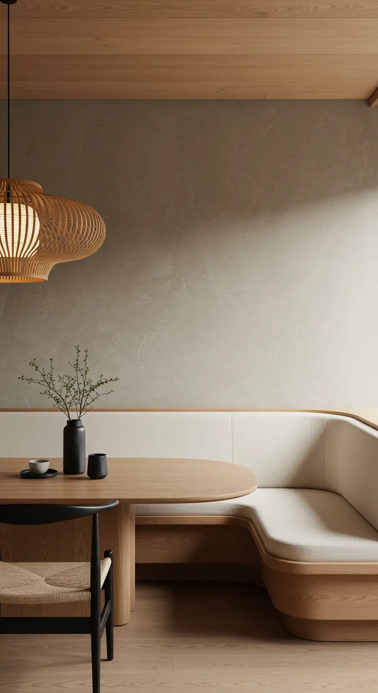 Minimalistische Japandi eethoek met een ingebouwde houten bank en lichte kleuren.