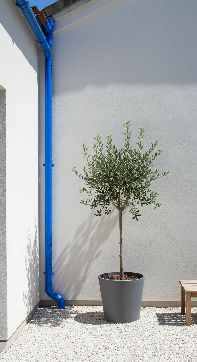 Stralend blauwe regenpijp tegen een witte muur naast een olijfboom in pot.