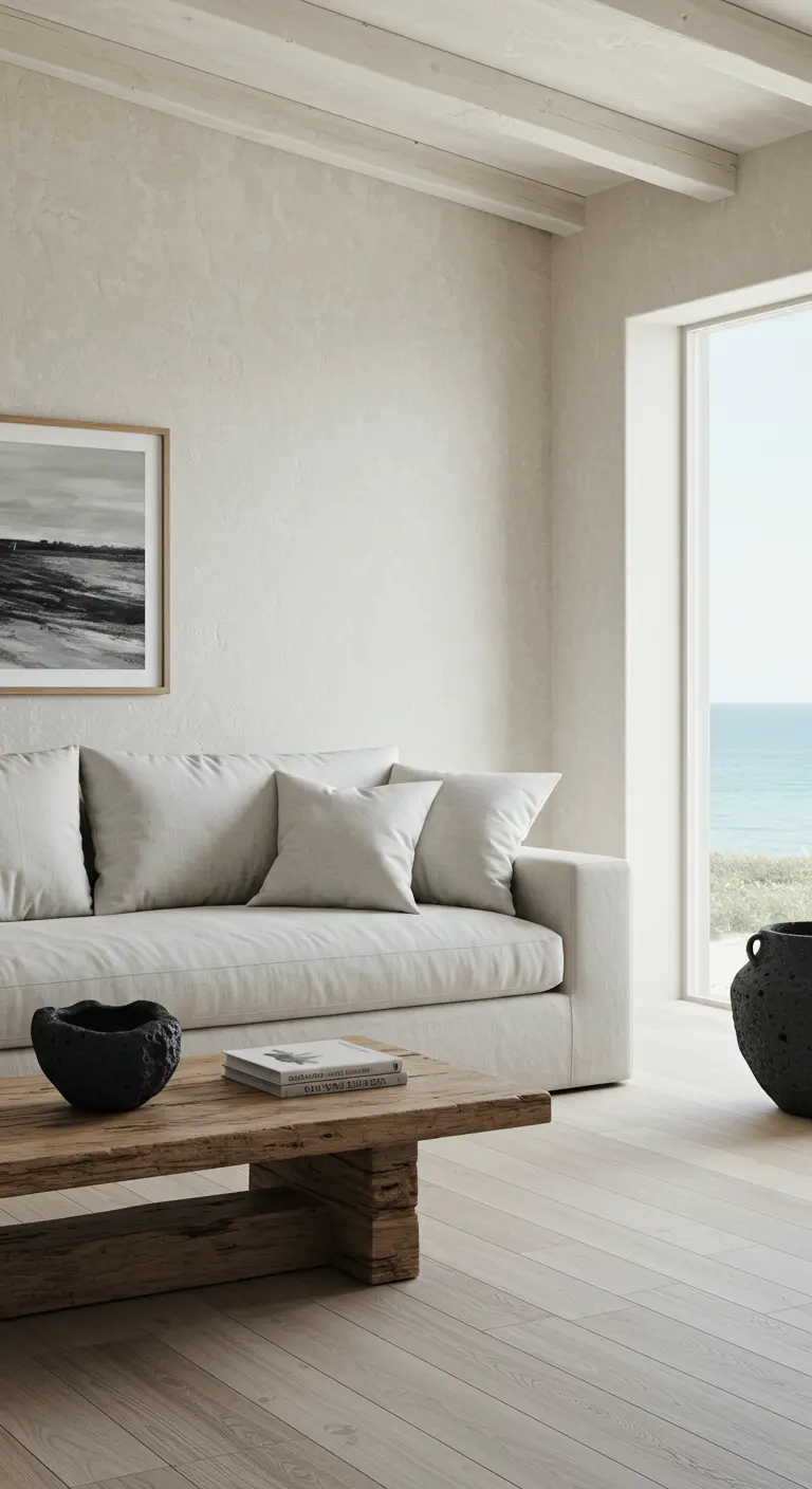 Lichte woonkamer met getextureerde witte muren, houten vloer en uitzicht op zee.