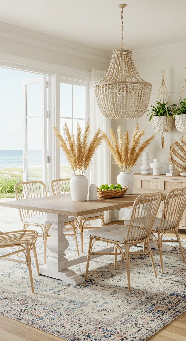 Lichte eetkamer aan zee met rotan stoelen, een witte houten tafel en een kralenlamp.