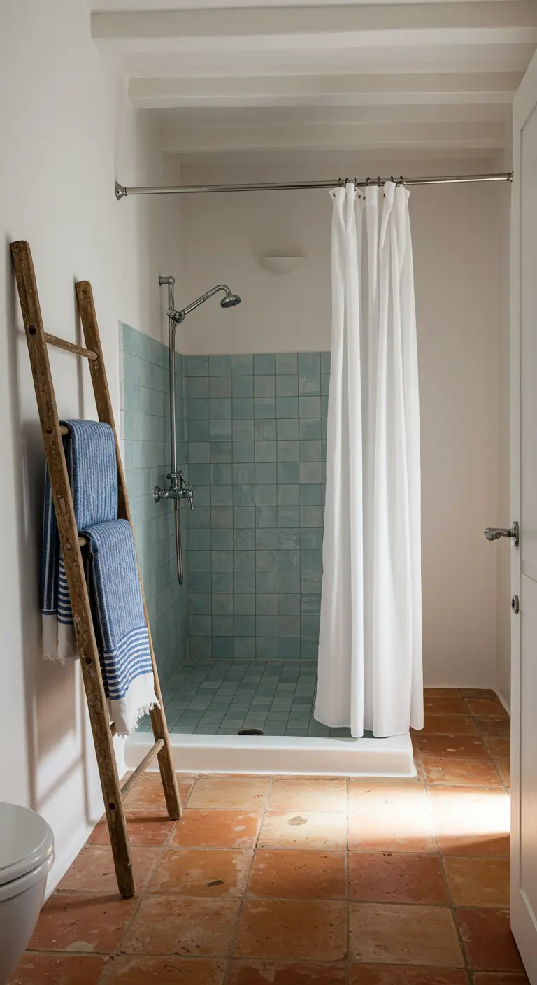 Eenvoudige douche met lichtblauwe tegels en een houten ladder voor handdoeken.
