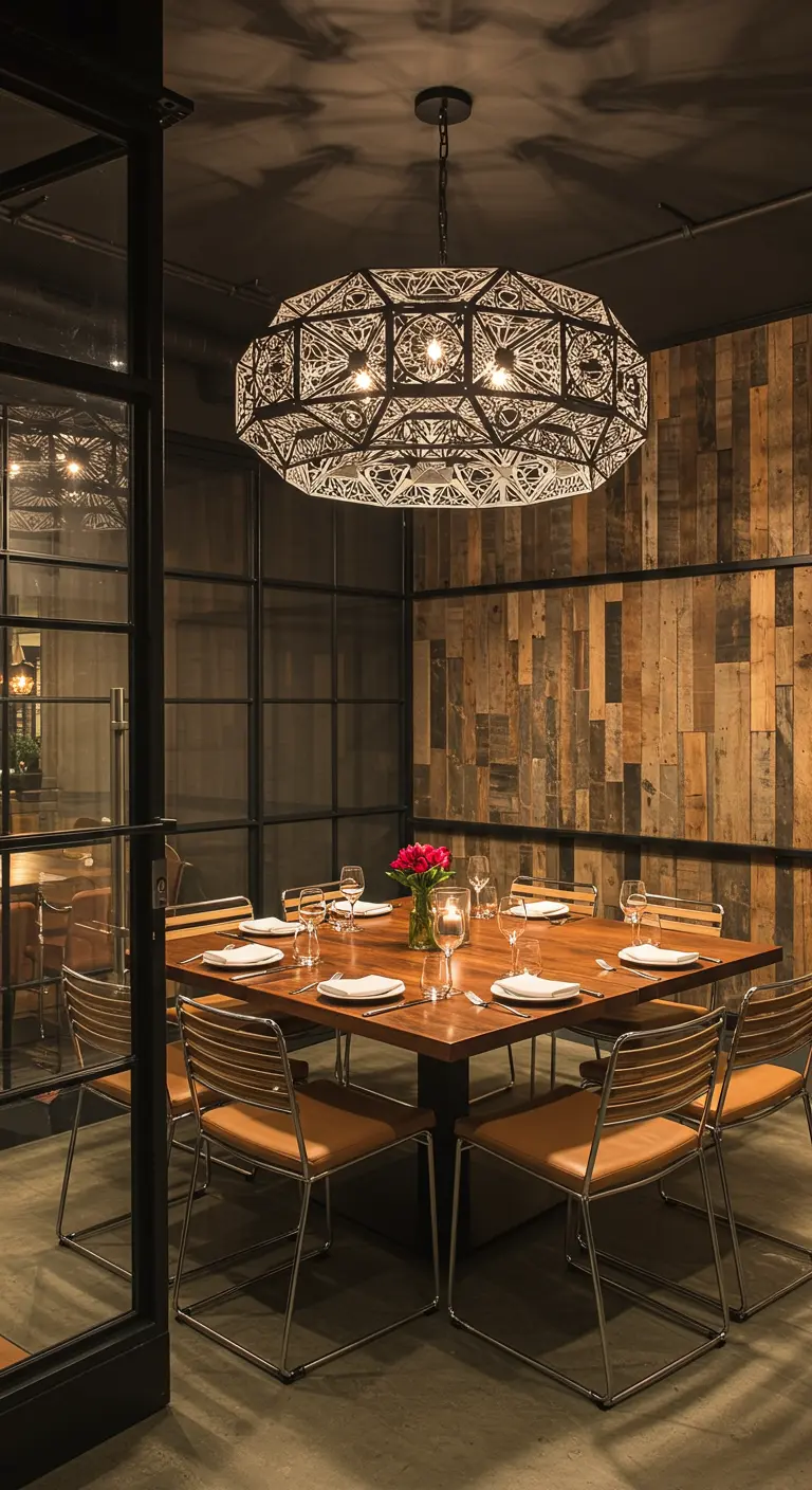 Eetkamer met een grote, opengewerkte metalen hanglamp die patronen creëert.