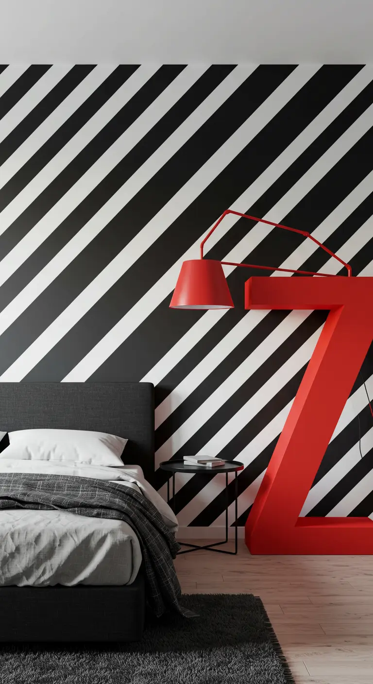 Grafische slaapkamer met een gigantische rode Z-vormige lamp naast het bed en een zwart-wit gestreepte muur.