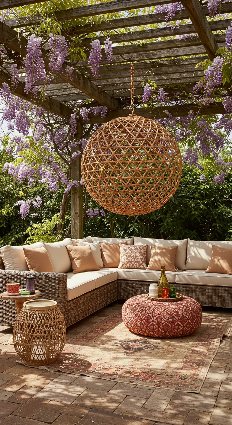 Grote bolvormige rotan hanglamp boven een loungehoek onder een pergola met blauweregen.