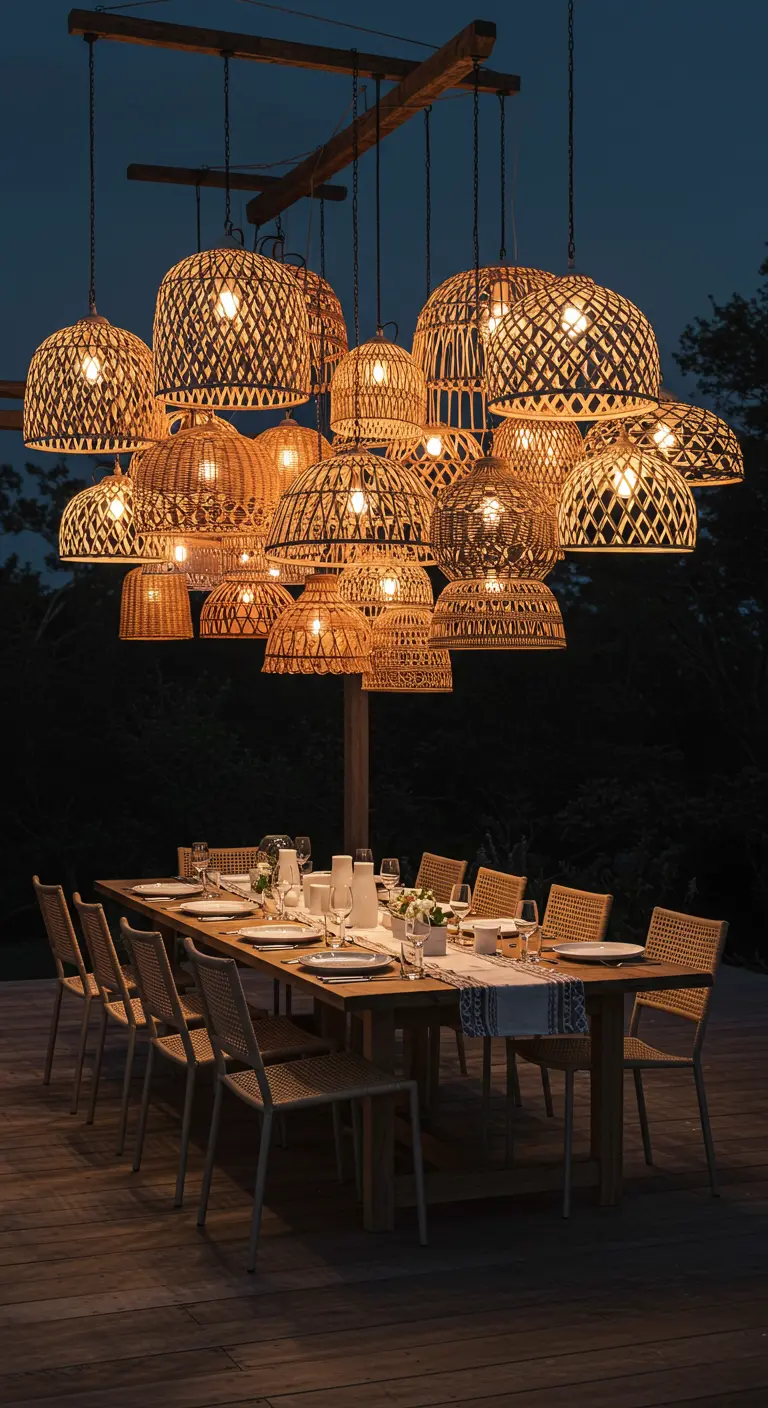 Een cluster van hangende rotan lampenkappen in verschillende maten boven een eettafel op een terras.