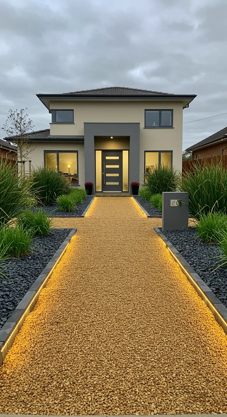 Moderne voortuin met een gouden grindpad, aan beide kanten verlicht met ledstrips.