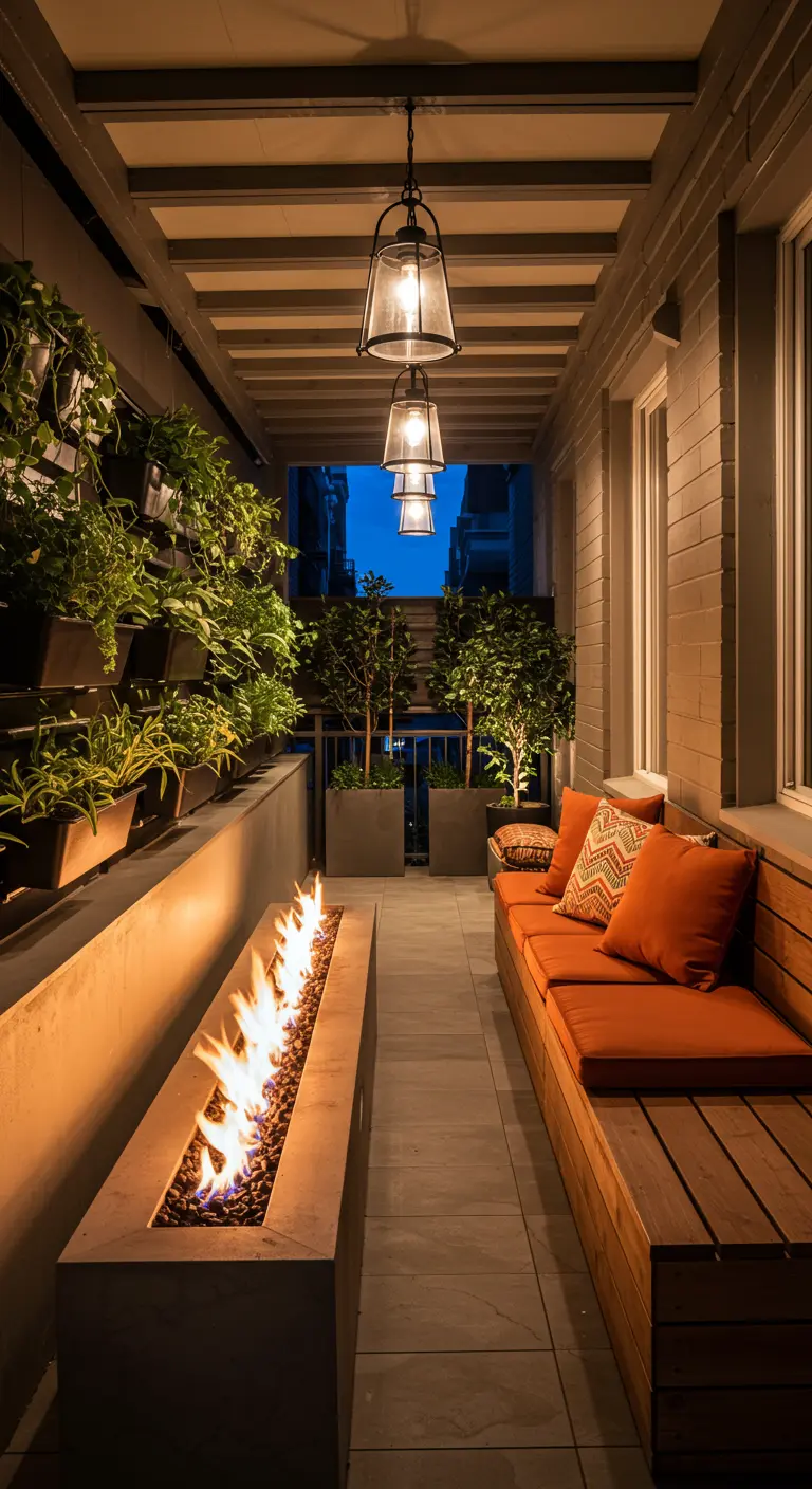 Smal balkon met lange gashaard, houten bank en een verticale plantenwand.