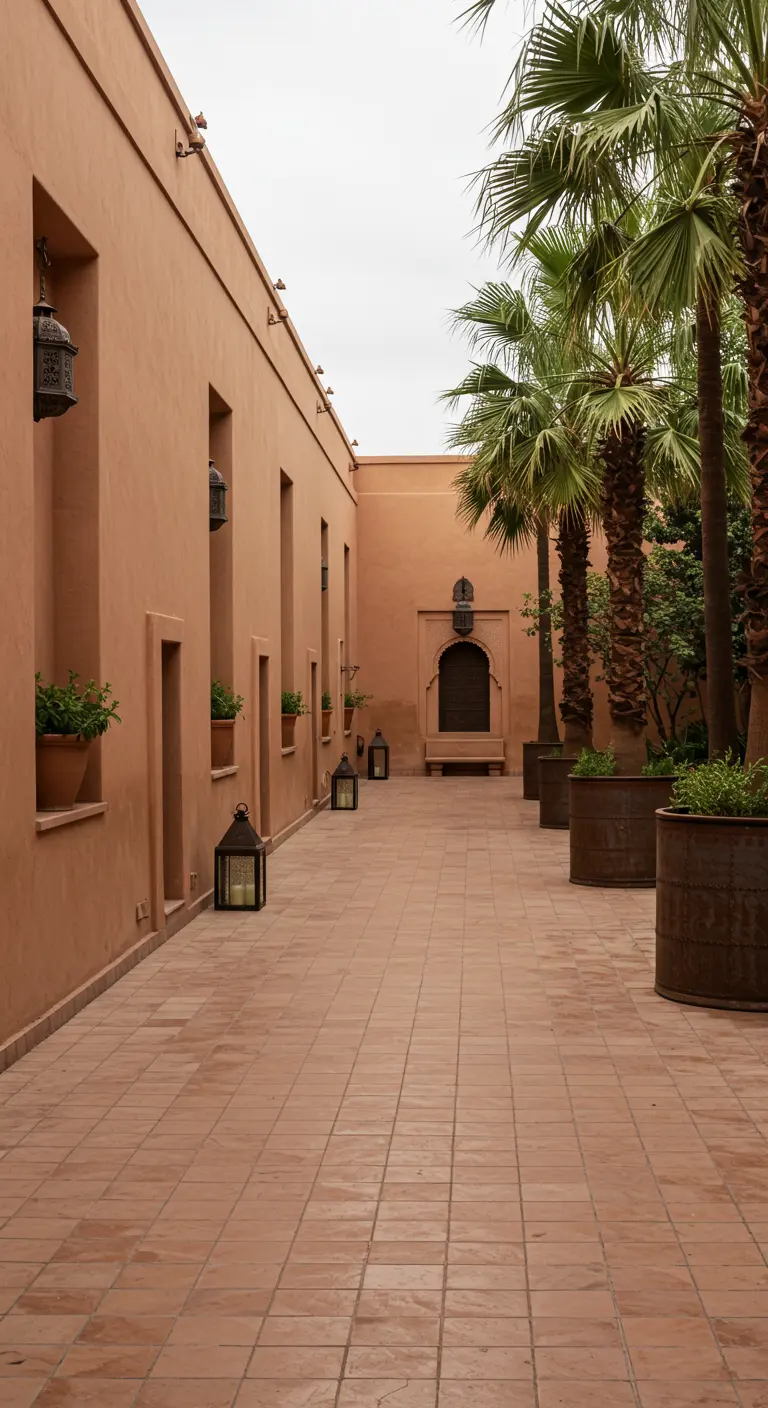 Lange gang in een riad met terracotta muren, palmbomen in potten en klassieke lantaarns.