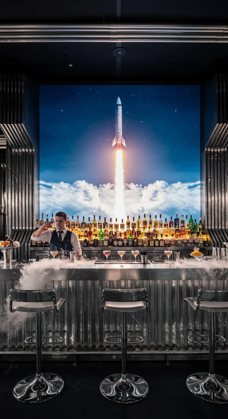 Moderne bar met een raketlancering op de achtergrond en rookeffect.