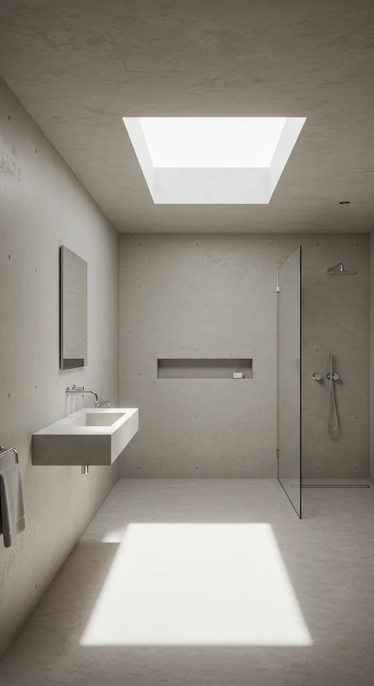 Minimalistische betonlook badkamer met een inloopdouche en een groot dakraam.