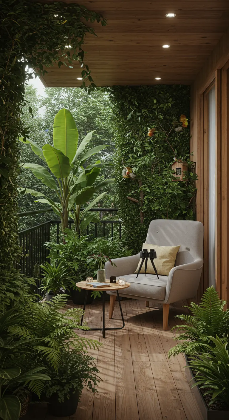 Balkon ingericht als leeshoek met een comfortabele fauteuil, bijzettafel en weelderige planten.