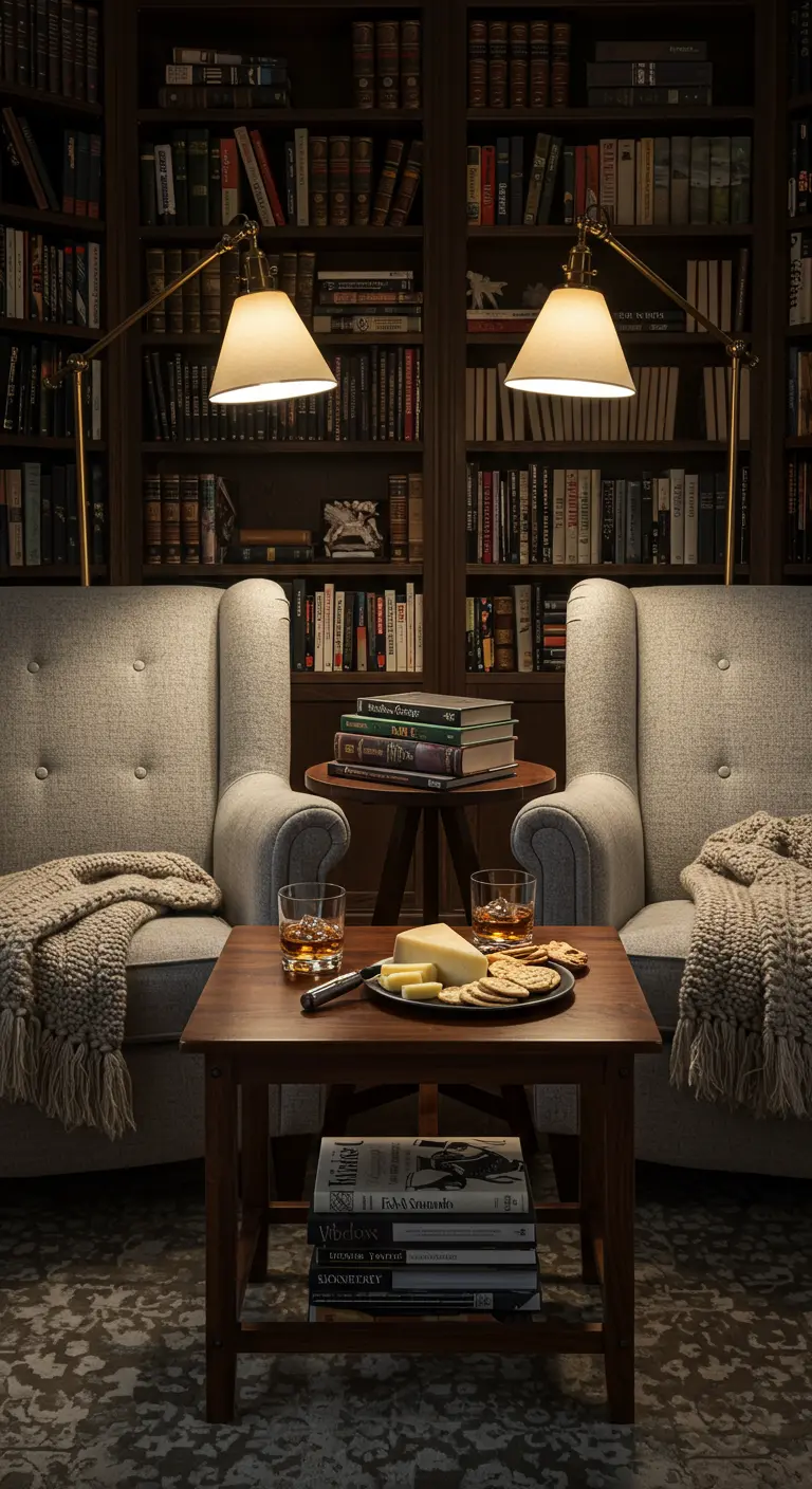 Twee fauteuils in een bibliotheek met zachte plaids en een kaasplankje.