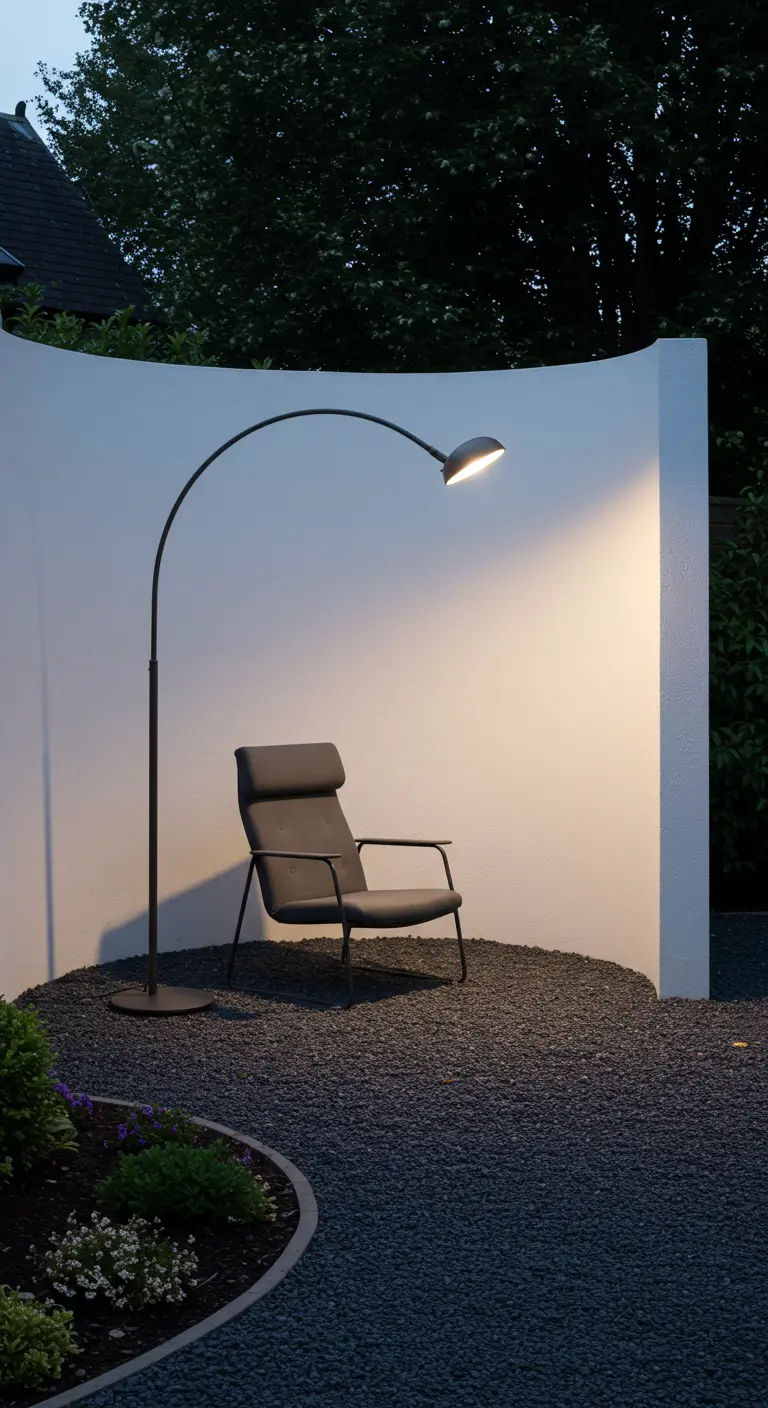 Minimalistische leeshoek in de tuin met een booglamp, stoel en donker grind.