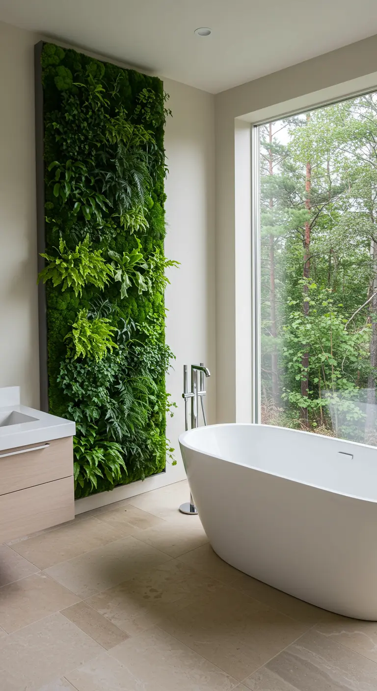 Badkamer met een grote verticale plantenwand naast een vrijstaand bad bij een raam.