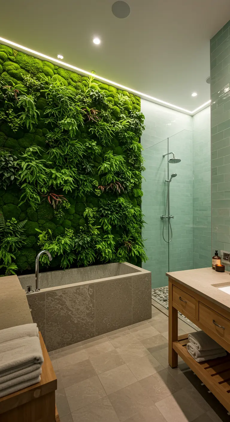 Badkamer met een volledige levende muur van mos en varens naast de douche.